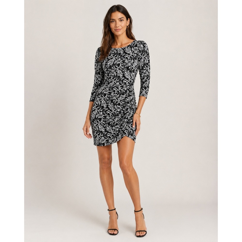 Boden Black White Floral Ruched Dress 3/4 Sleeve Stretch Mini